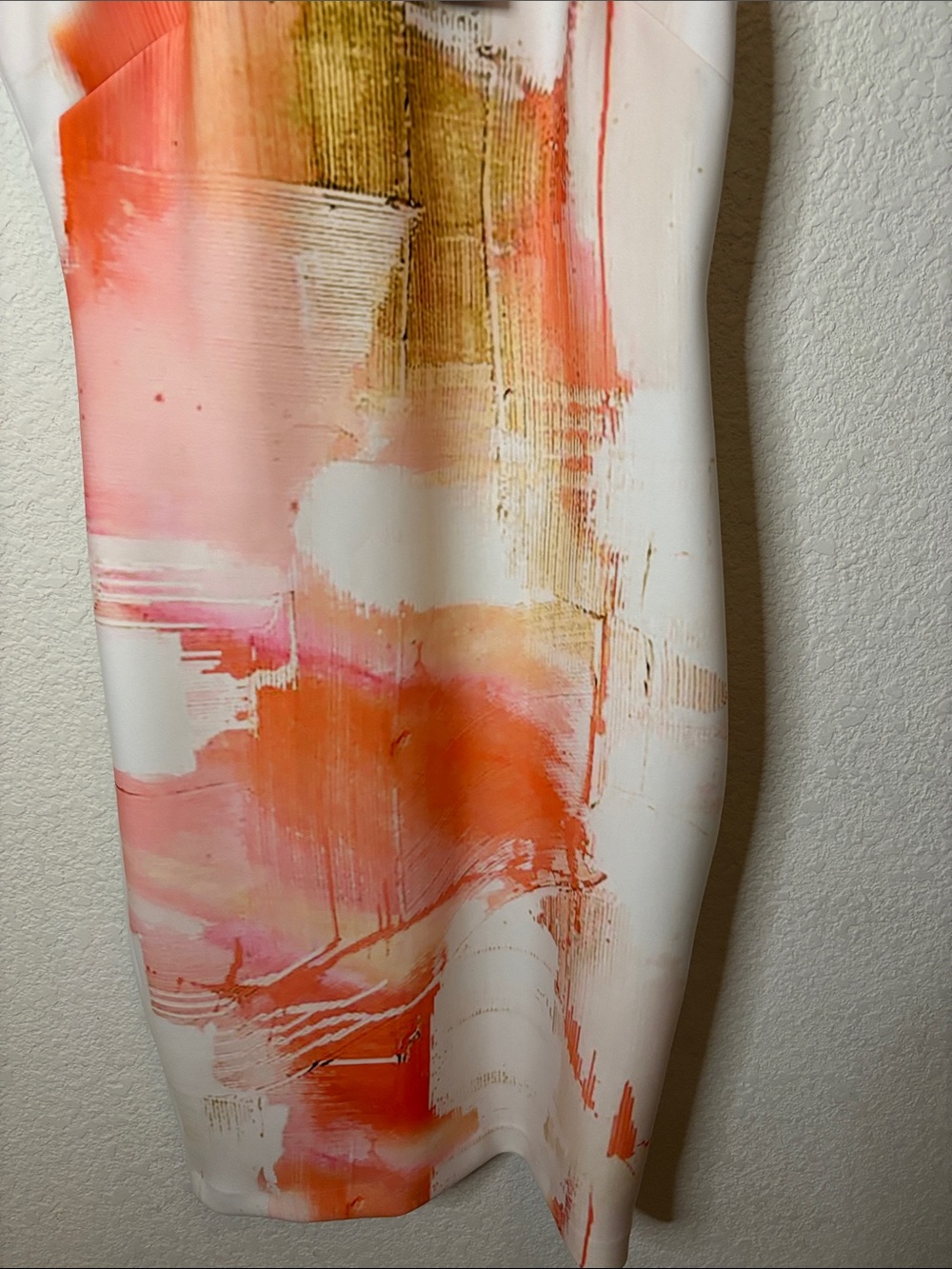 Donna Karan White Sheath Dress with Coral & Gold Brushstroke Print - Picture 5 of 7